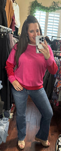 Drop shoulder Hacci pink/red knit top