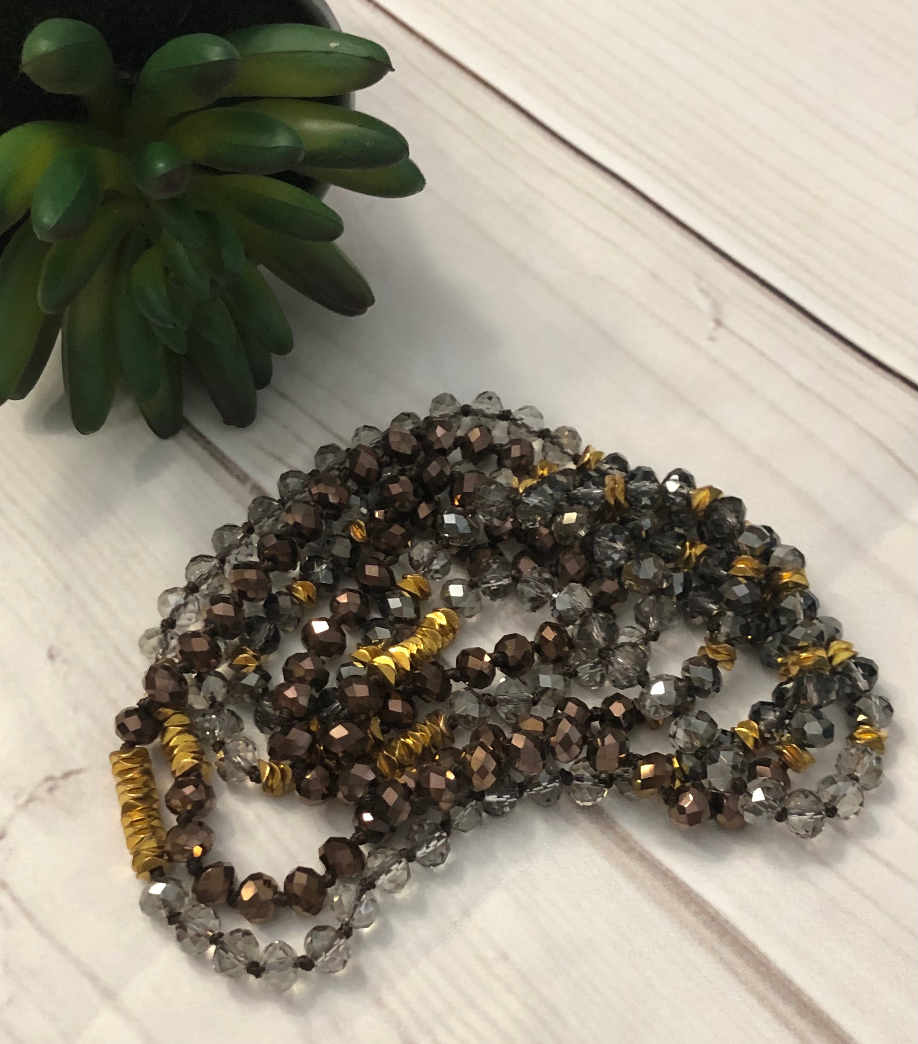 Beaded Necklace- bronze, silver, and gold