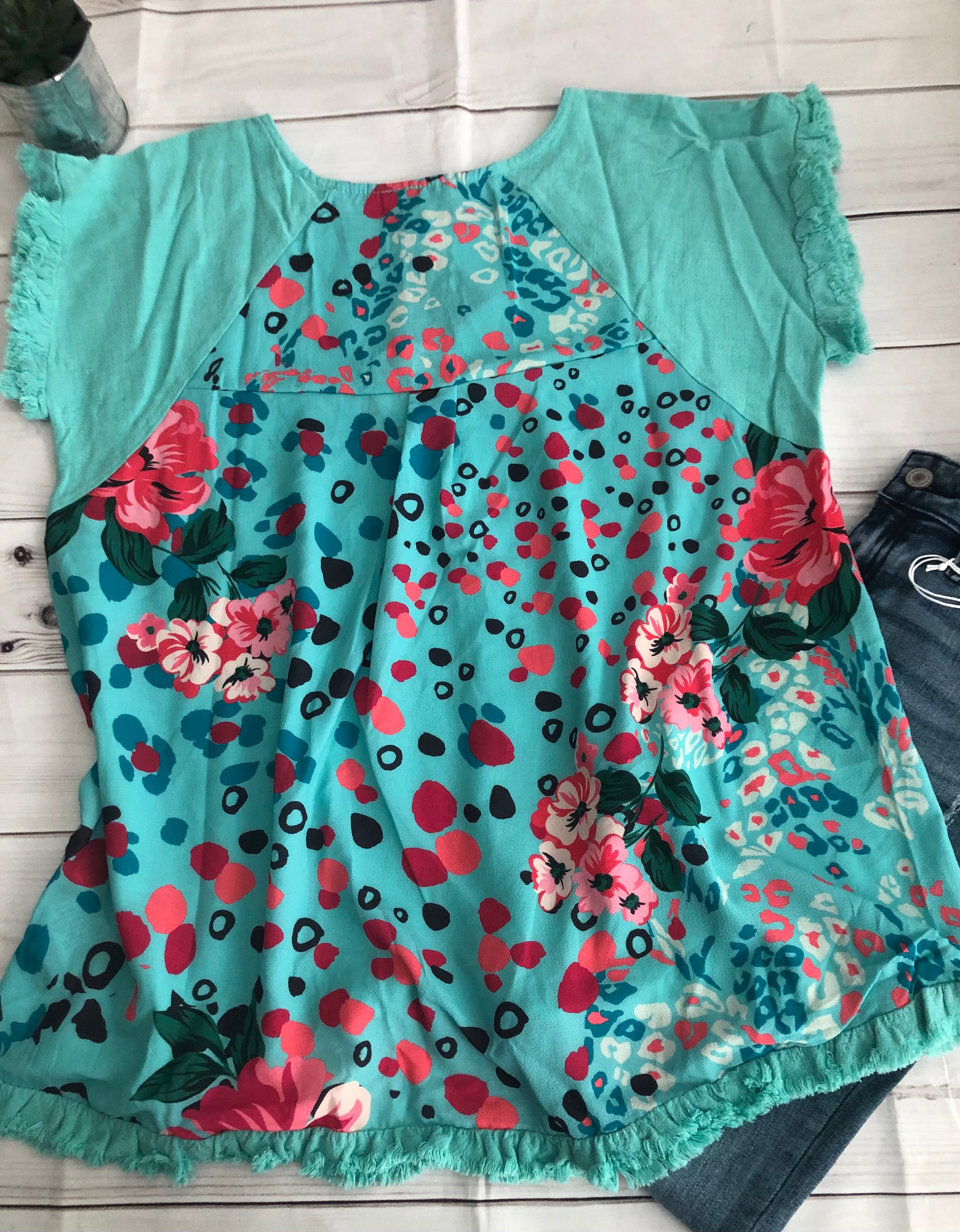 Aqua teal frayed linen top with floral polyester back
