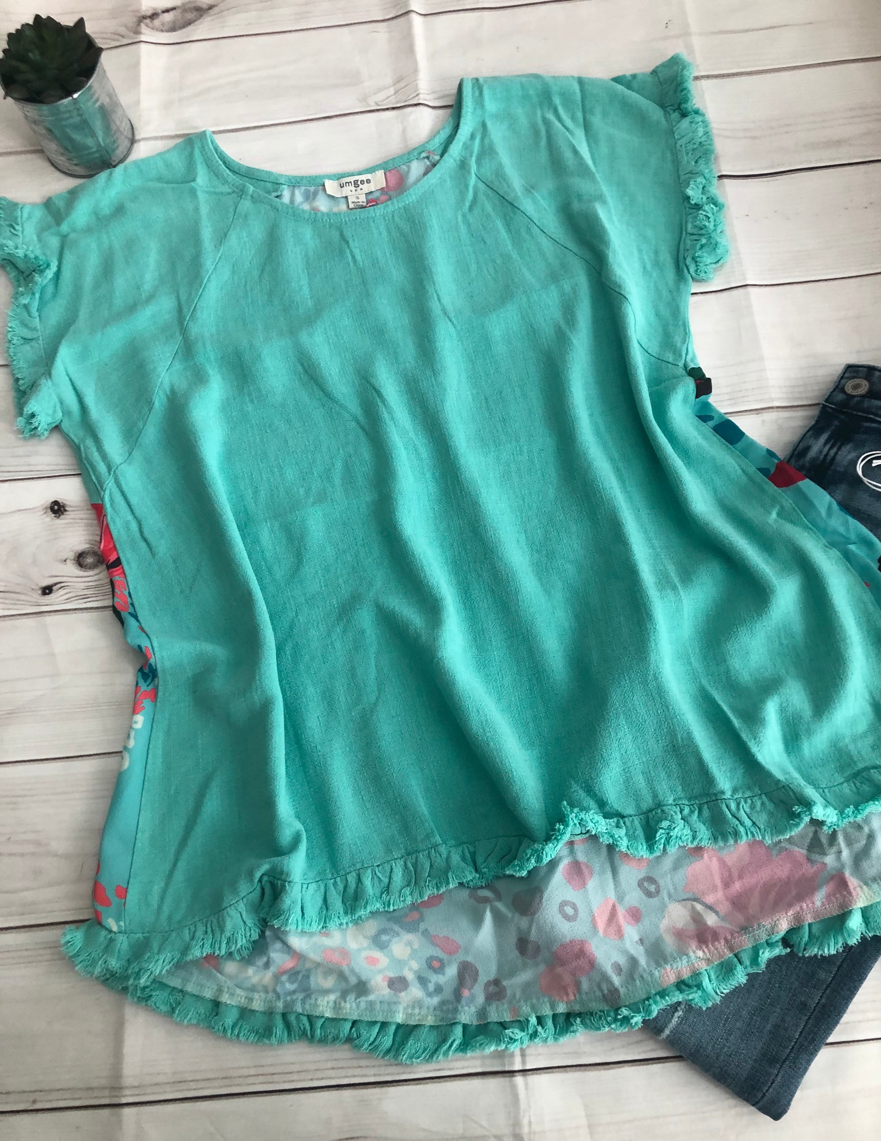 Aqua teal frayed linen top with floral polyester back
