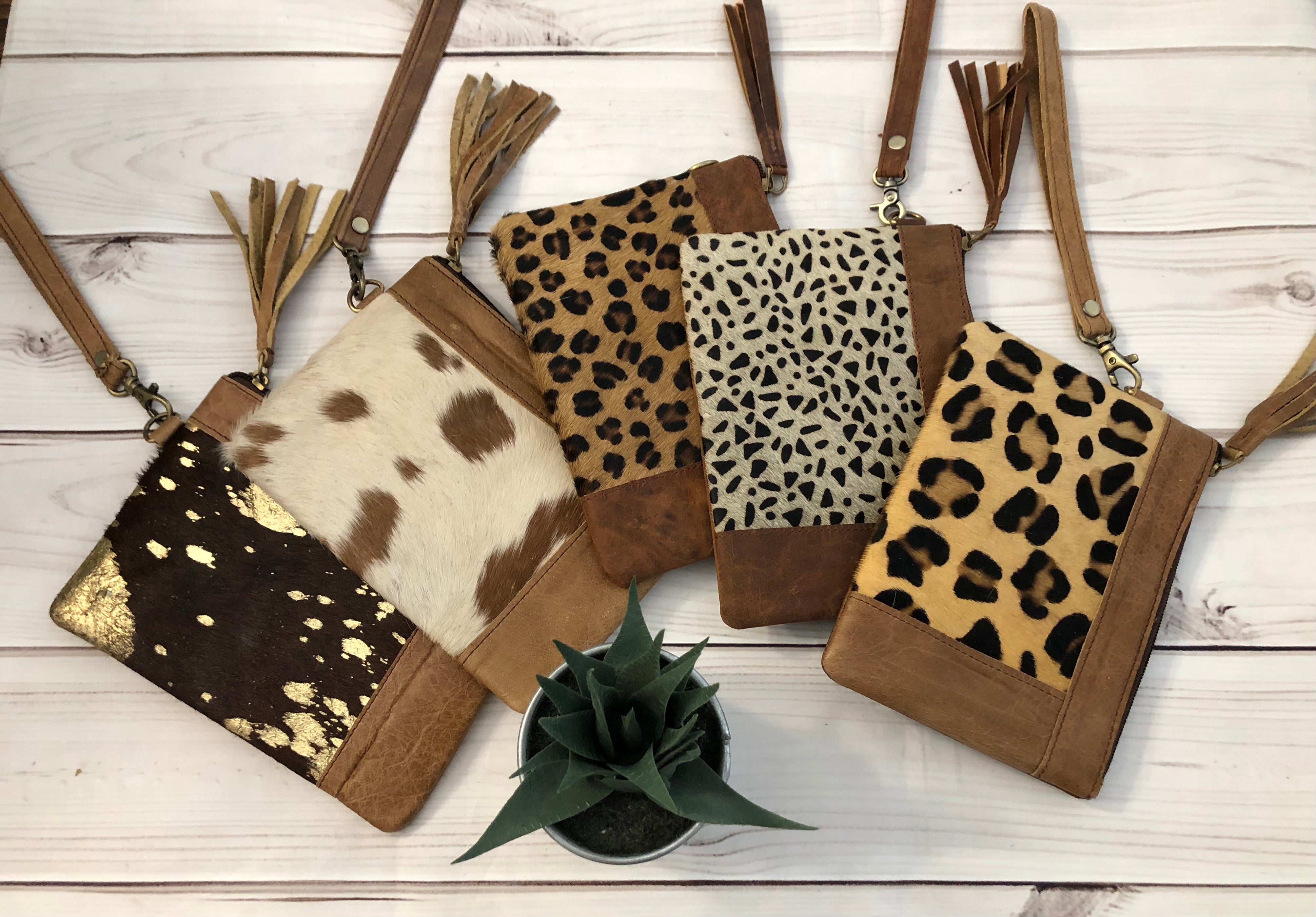 Leather and cowhide wristlet