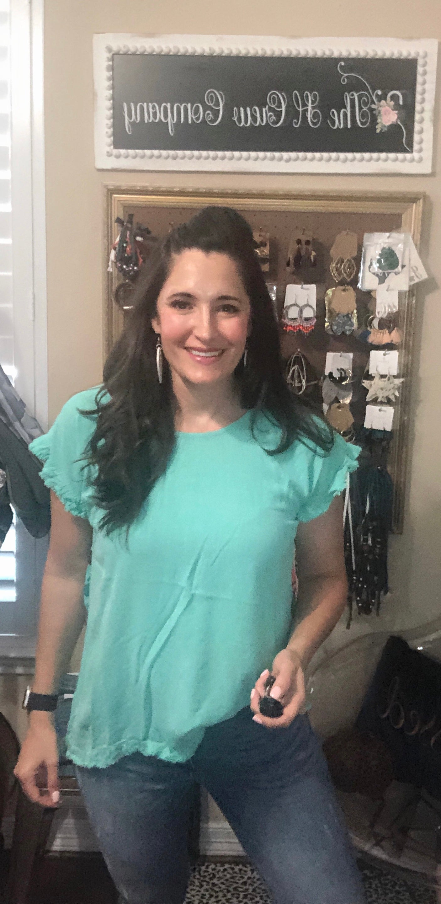 Aqua teal frayed linen top with floral polyester back