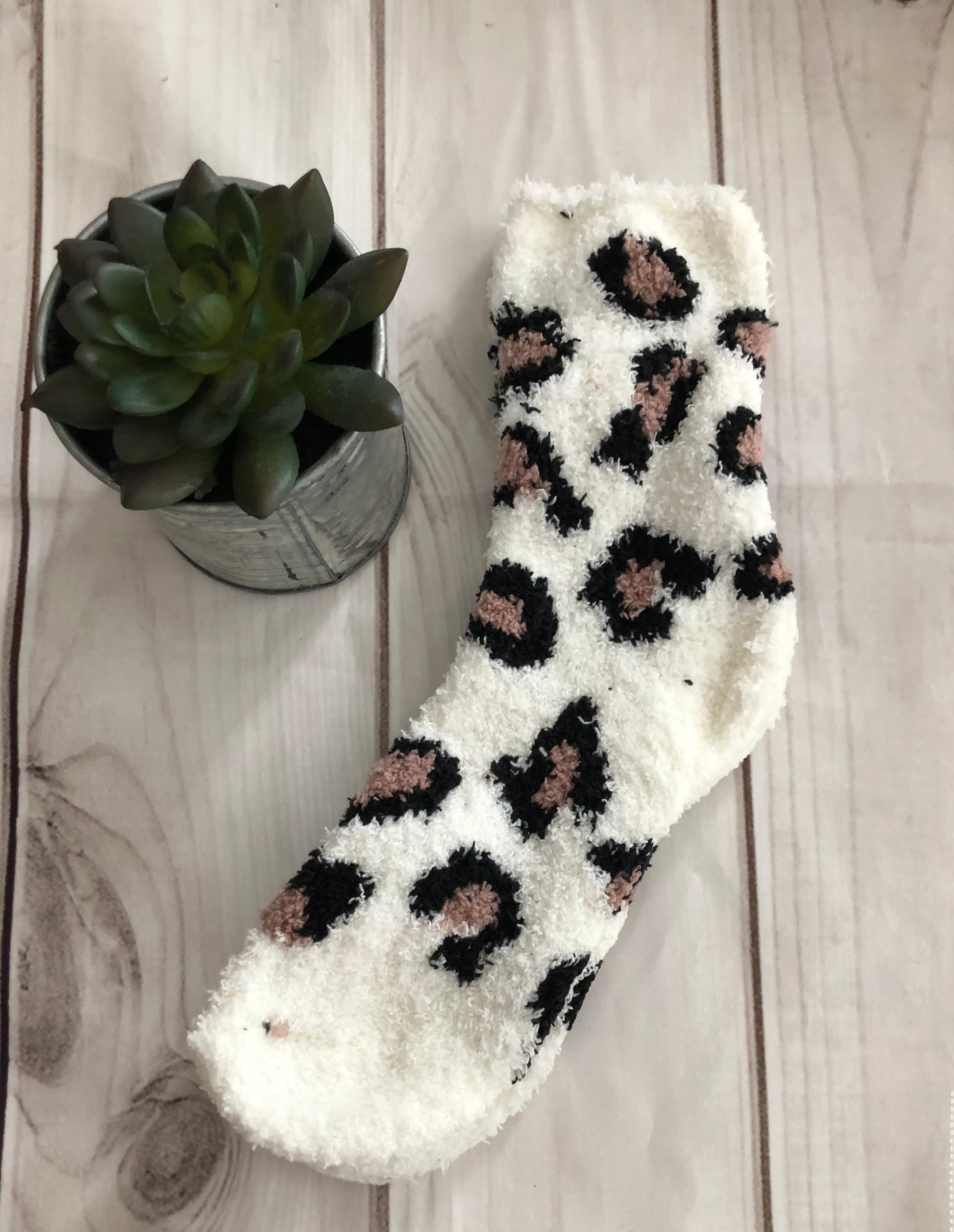 Fuzzy leopard socks