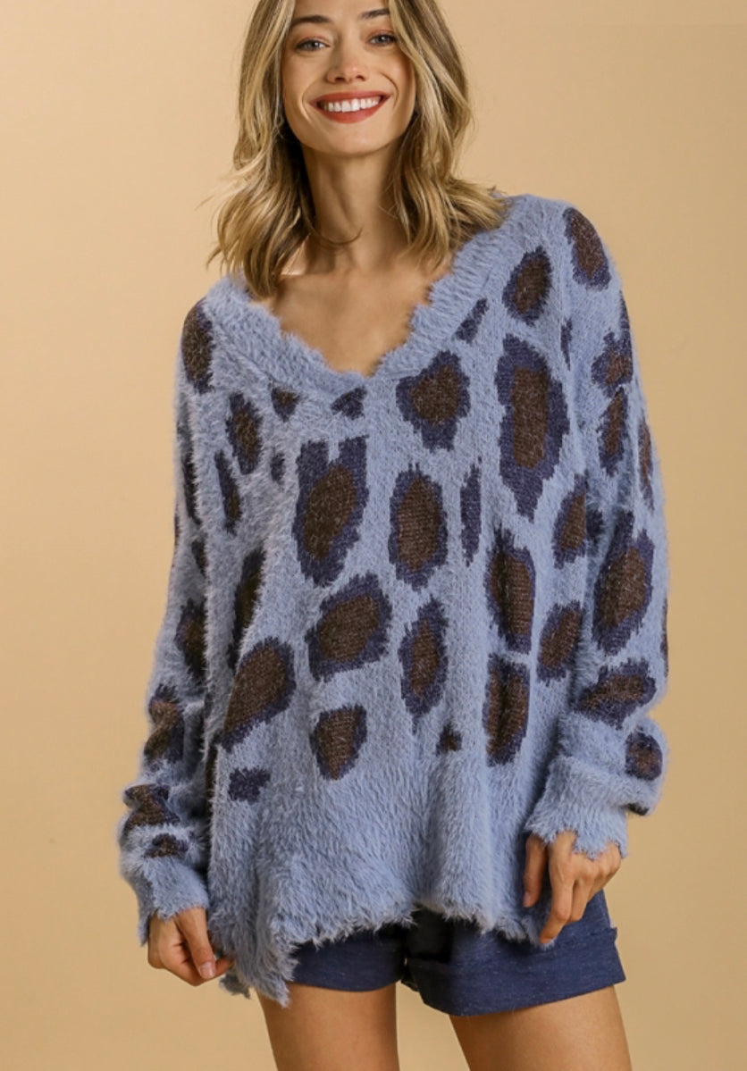 45 Umgee blue leopard distressed sweater
